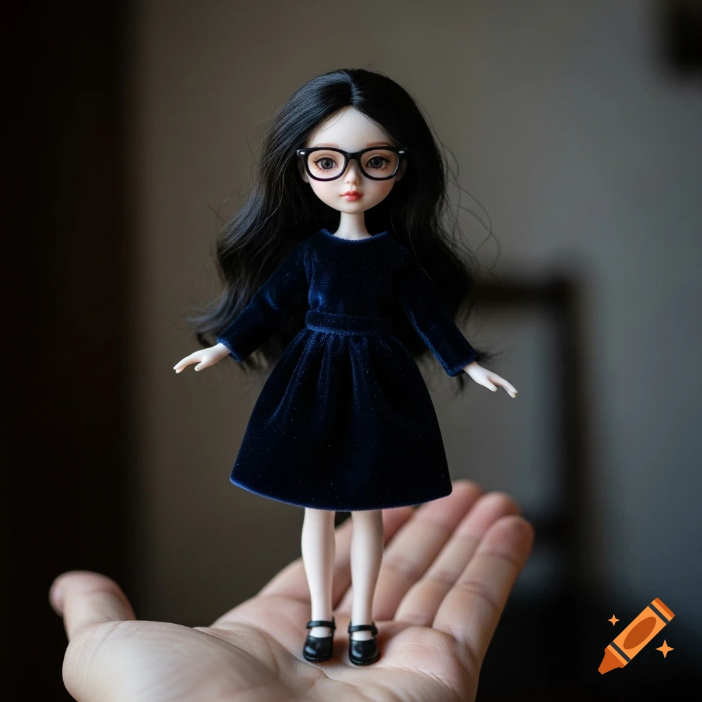 A small doll with long black hair and black-rimmed glasses, wearing a dark blue velvet dress, stands on an open palm. Photorealistic.