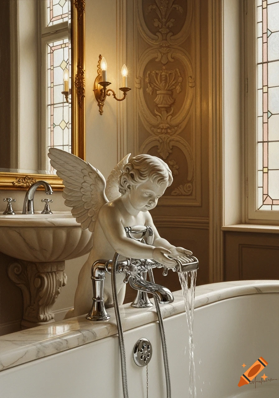 An oil painting of a marble cherub statue kneeling on the edge of a luxurious bathtub, pouring water from a faucet into the tub.