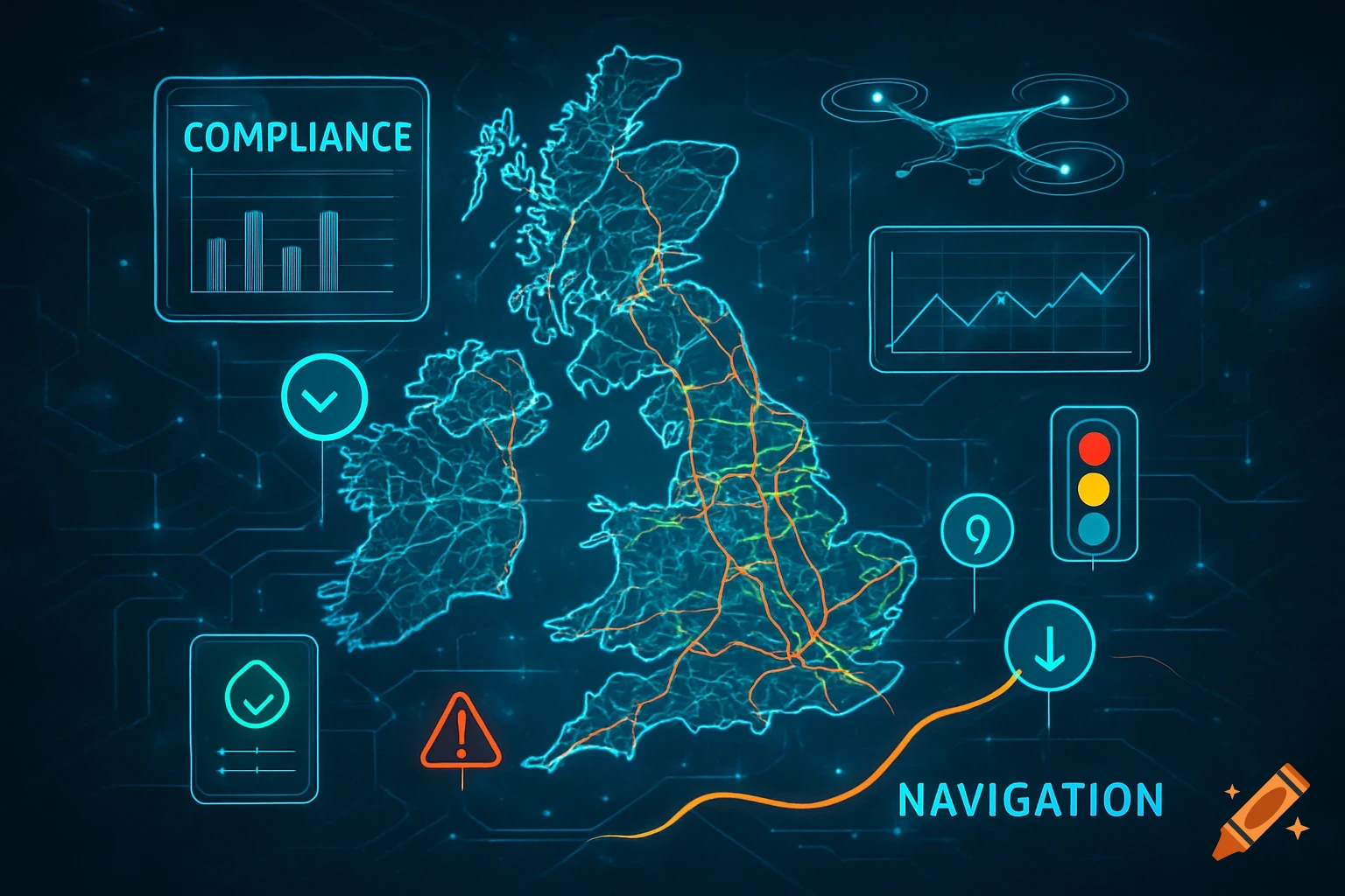 Digital map of the UK and Ireland with glowing blue outlines and orange data paths, surrounded by compliance and navigation icons like charts, a drone, and a traffic light.