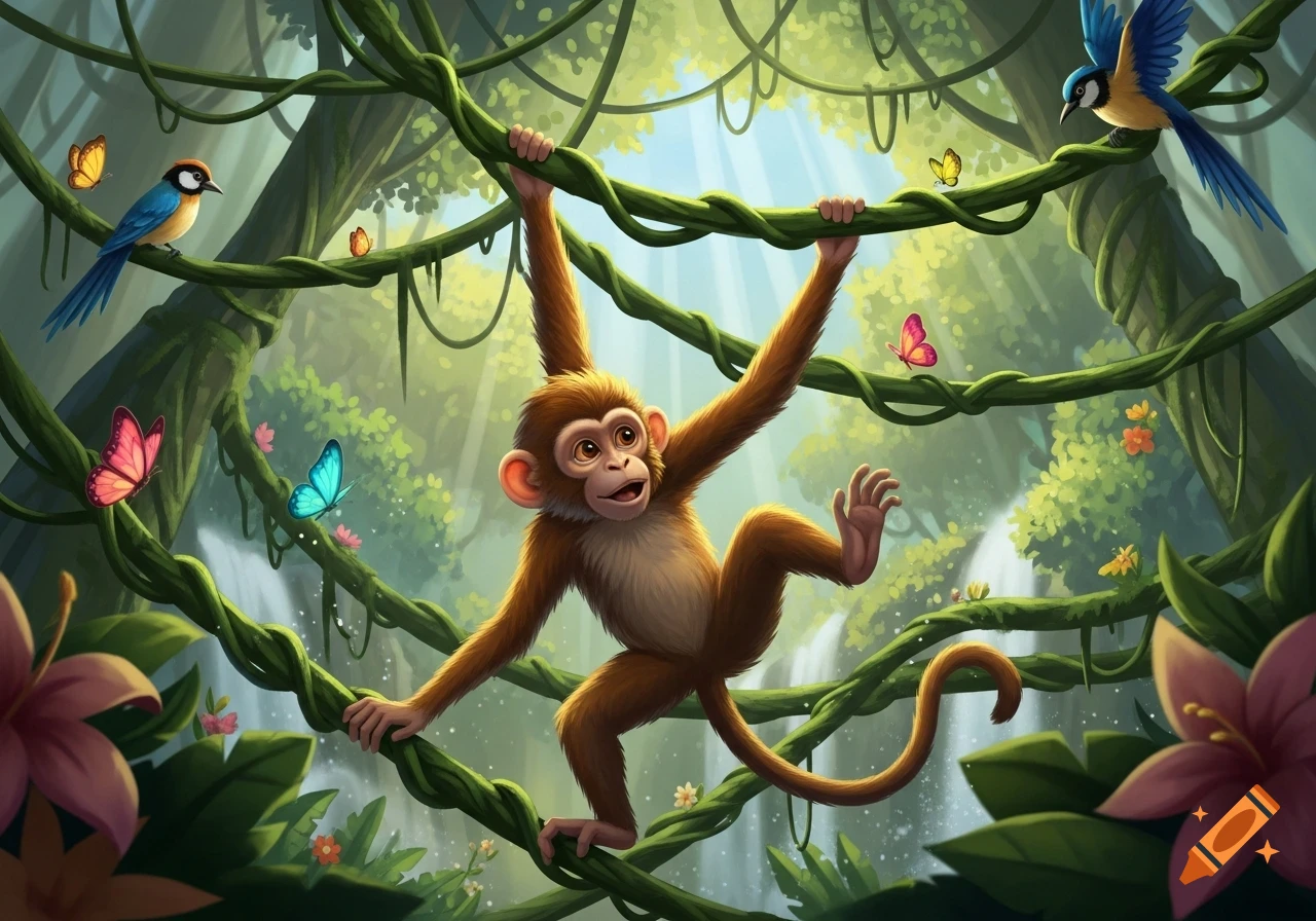 A happy cartoon monkey swings from vines in a lush, sunny jungle with colorful birds and butterflies.