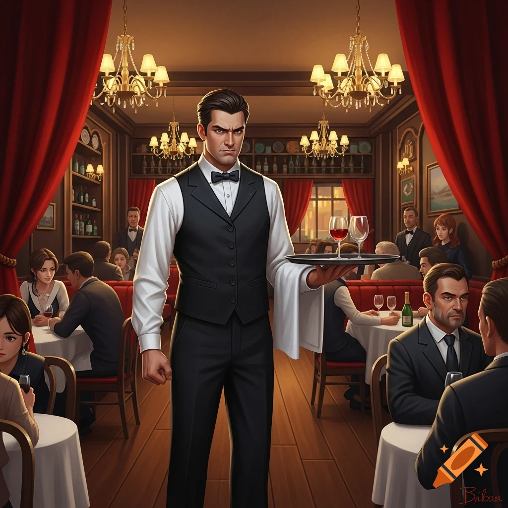 An angry waiter in a vest and bowtie holds a tray with two wine glasses in a fancy restaurant with dining patrons.