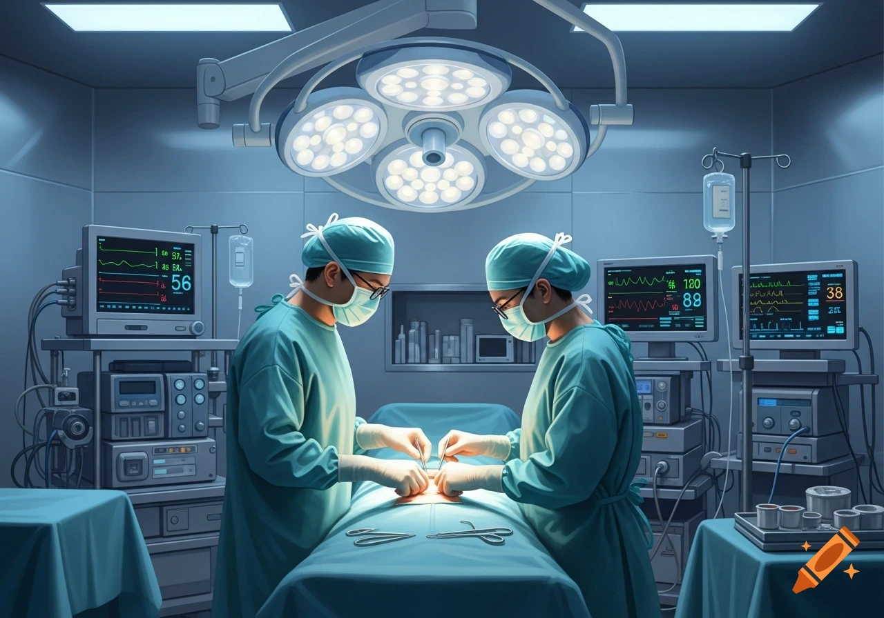Two surgeons in teal scrubs, masks, and caps operate on a patient under bright overhead lights in a sterile operating room.