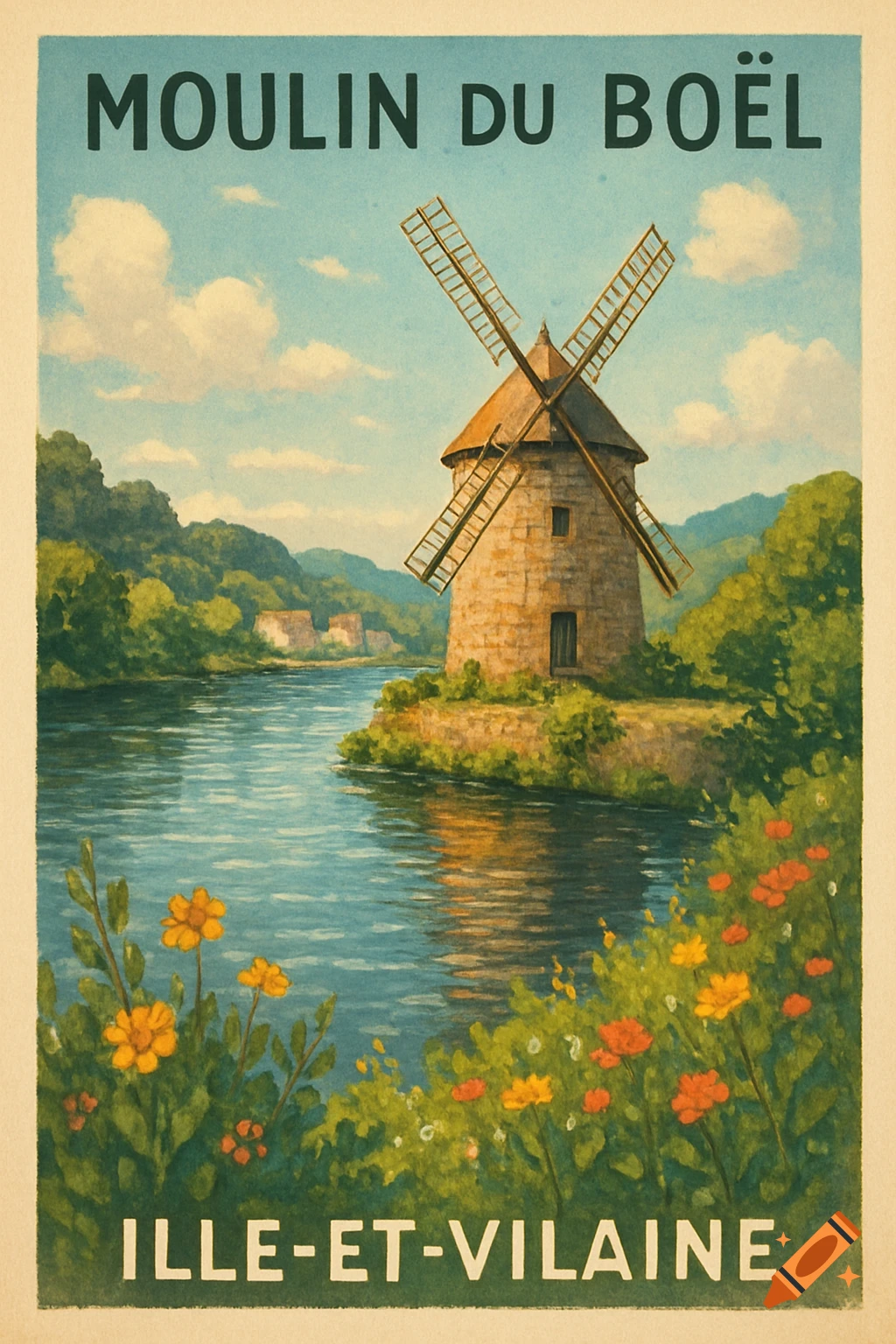 Vintage travel poster showing the Moulin du Boël windmill by a river, with text 'MOULIN DU BOËL' and 'ILLE-ET-VILAINE'.