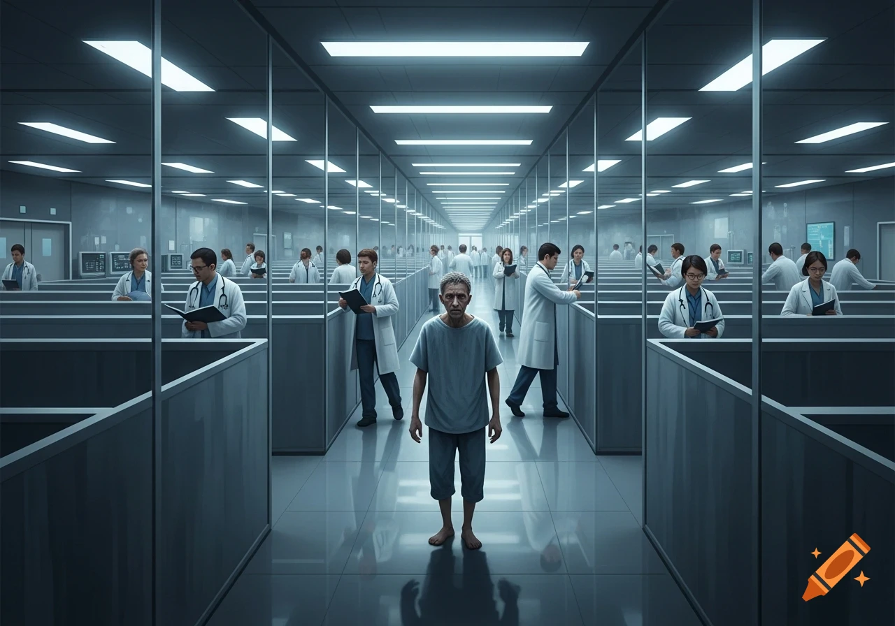 A barefoot man in a patient gown stands in a long, sterile corridor, surrounded by doctors in cubicles.