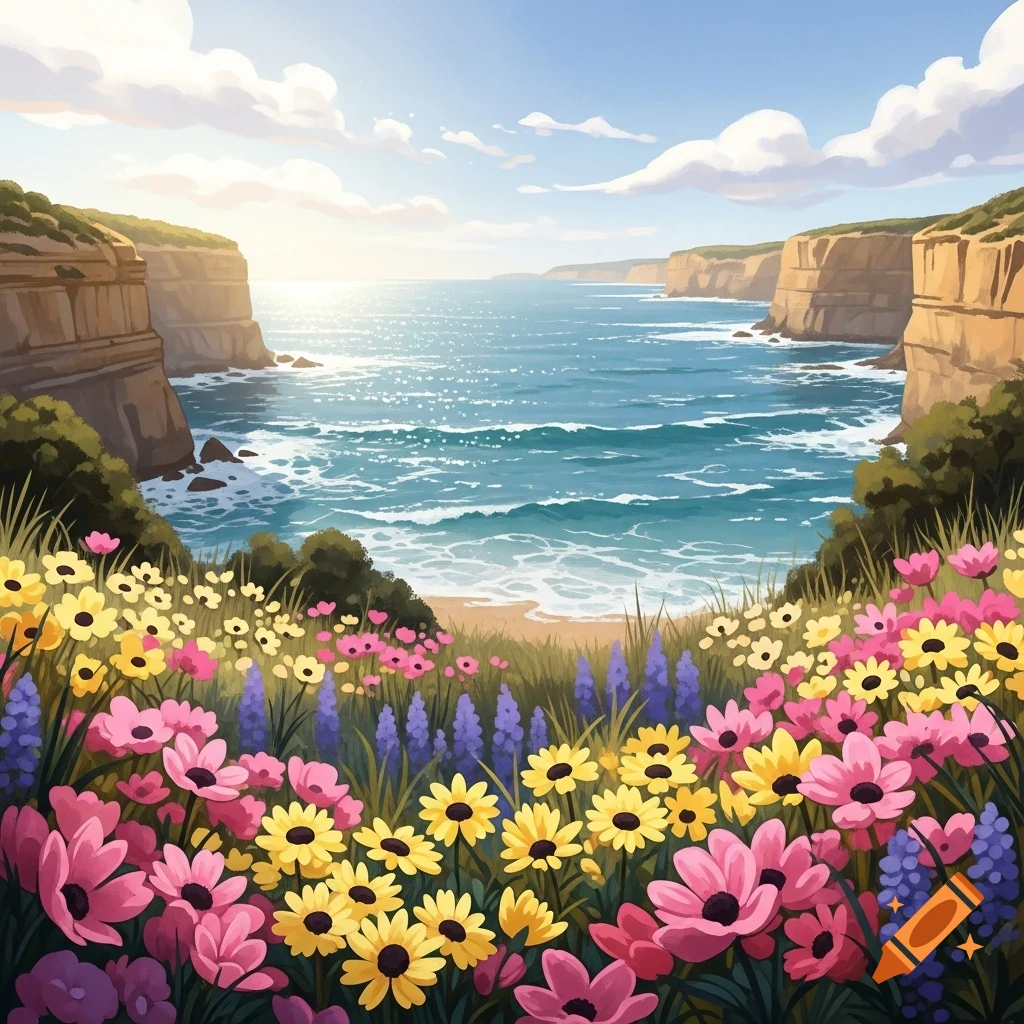 Vibrant wildflowers frame a sunny blue ocean cove between towering cliffs under a cloudy sky, stylized illustration.