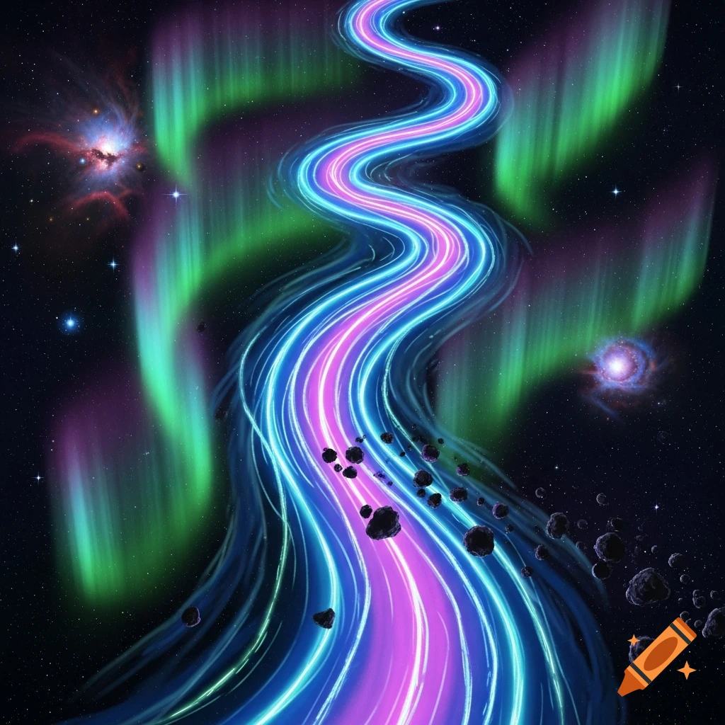 A vibrant pink and blue plasma river winds through deep space with green aurora, nebulae, and scattered asteroids.