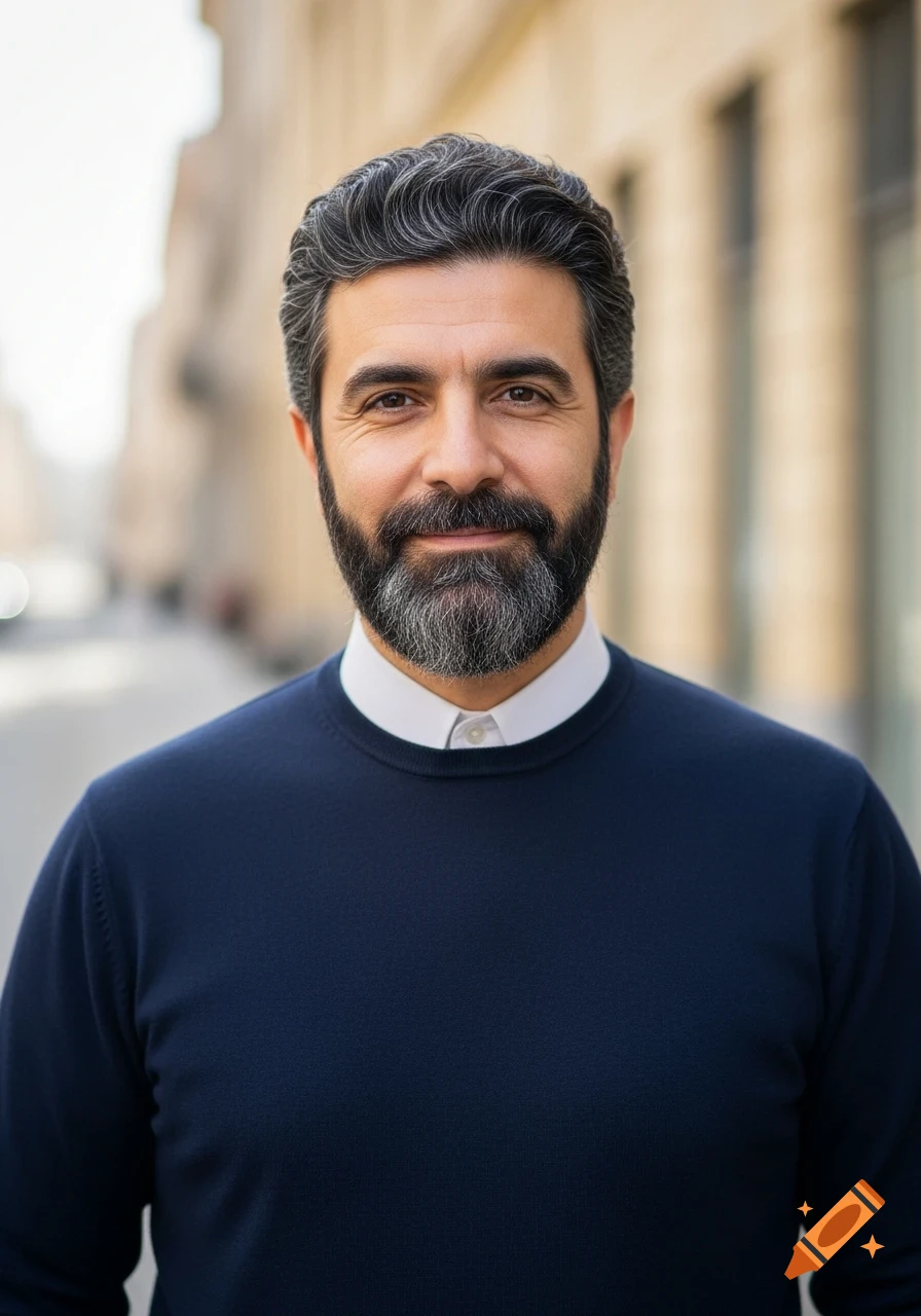 Photorealistic portrait of a smiling middle-aged man with a grey beard and black hair, wearing a navy sweater and white shirt, outdoors.