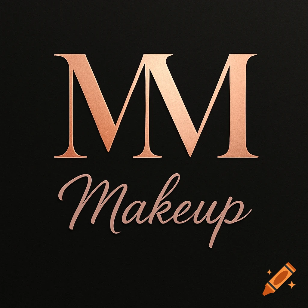 Rose gold logo with large letters 'MM' above the script word 'Makeup' on a black background.