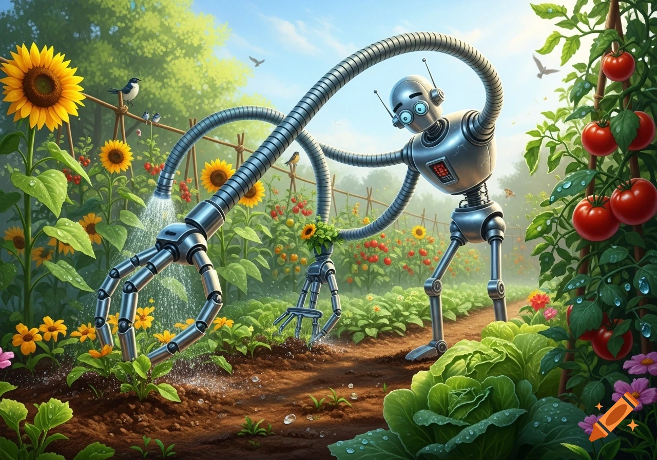 A shiny silver robot with multiple long, flexible arms waters plants and tends to a vibrant garden with sunflowers, tomatoes, and cabbage under a clear sky.