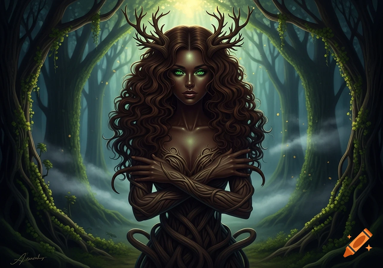 A fantasy woman with dark skin, glowing green eyes, long curly hair ...
