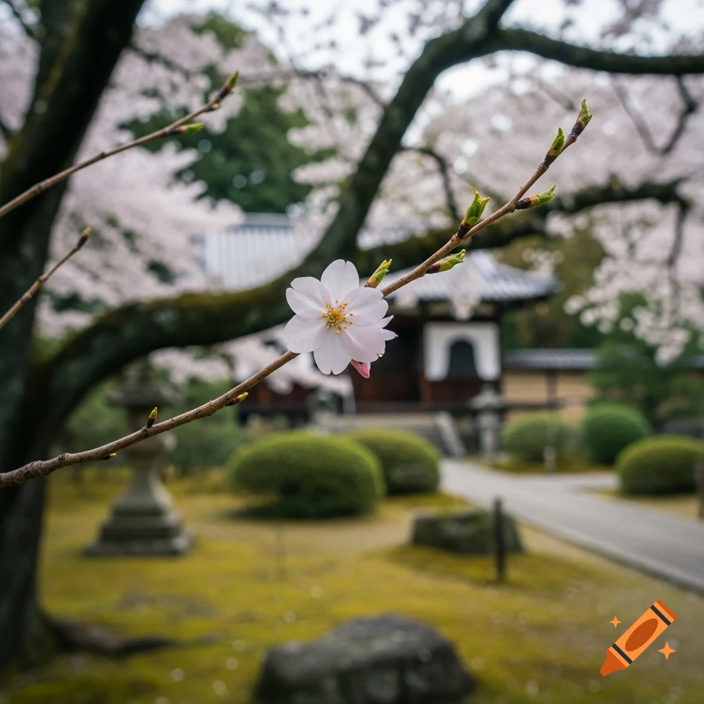 A single pink cherry blossom on a branch, with a blurred traditional Japanese garden and temple in the background.