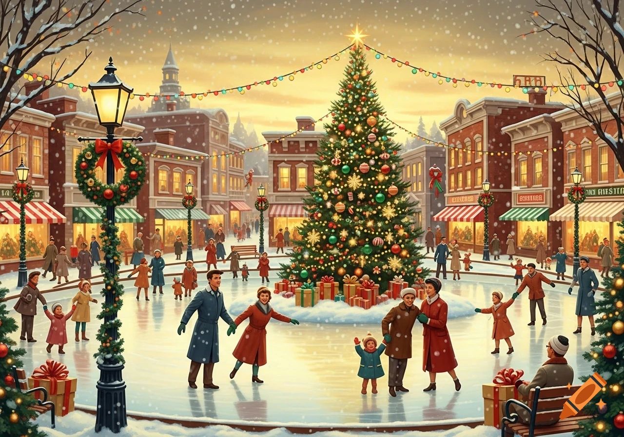 A vintage hand-painted Christmas town scene with snow falling, people ice skating around a brightly lit Christmas tree, and decorated shops.