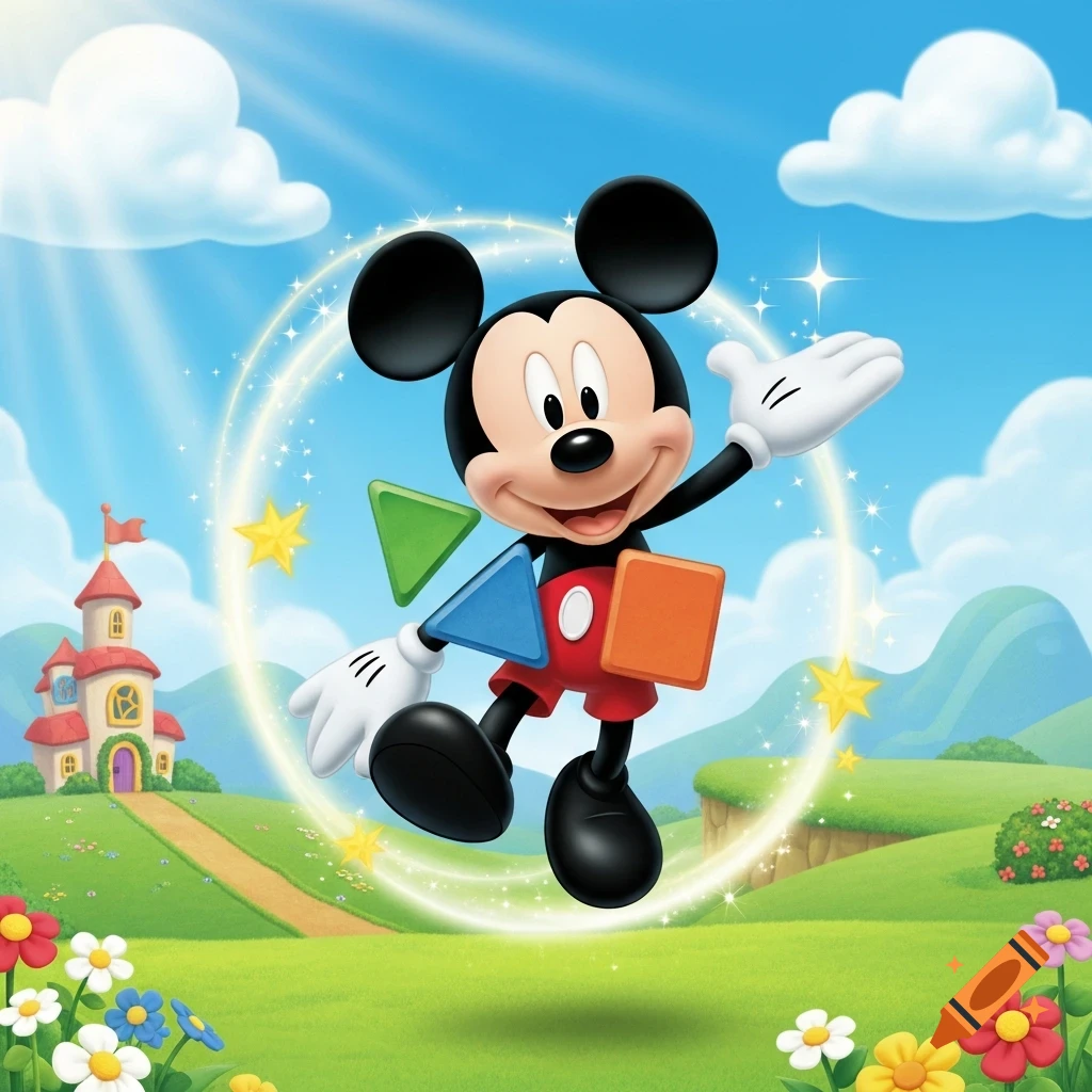 Mickey Mouse happily floats in a bright, grassy landscape with a castle, surrounded by a magical glow, stars, and geometric shapes.
