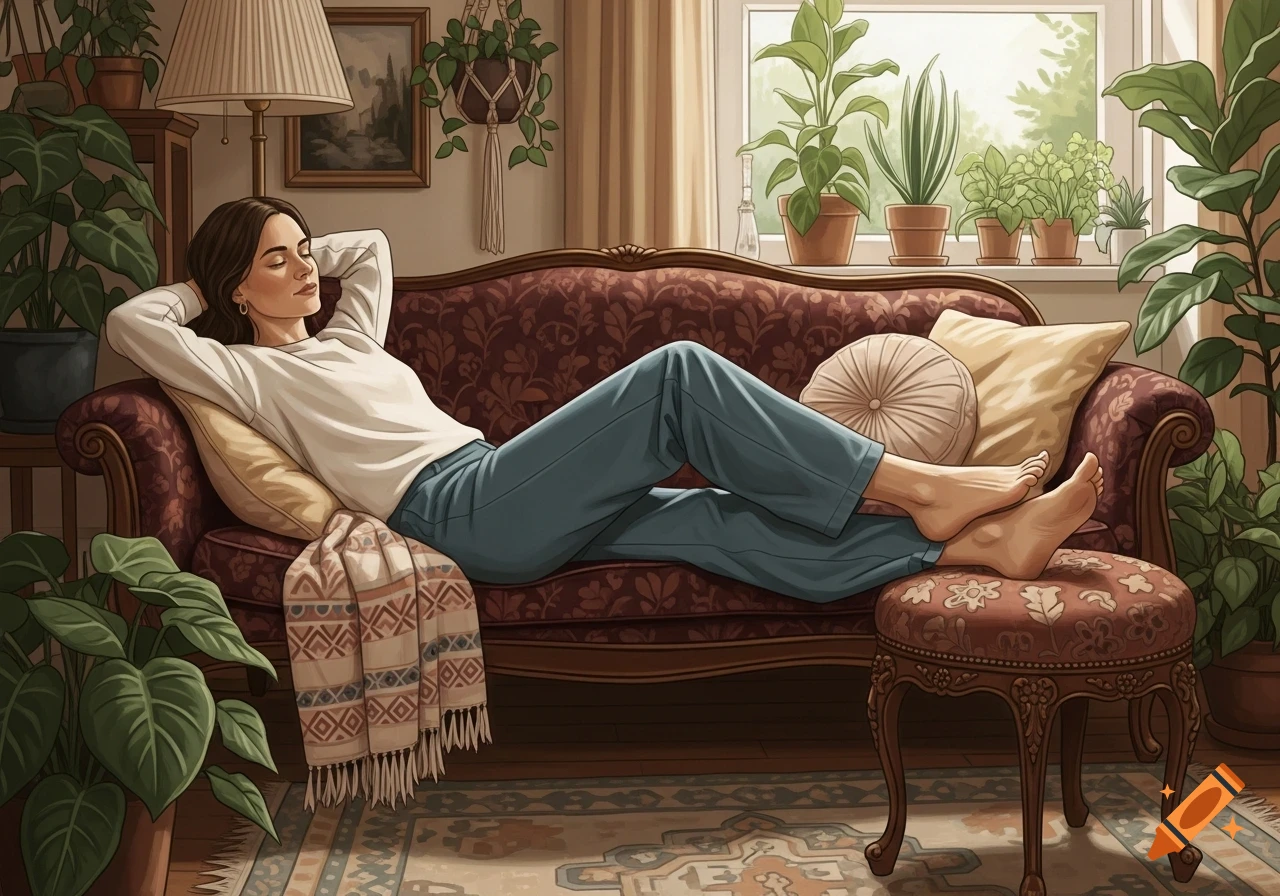 A barefoot woman relaxes on a maroon couch, feet on a footstool, in a cozy room filled with many potted plants.