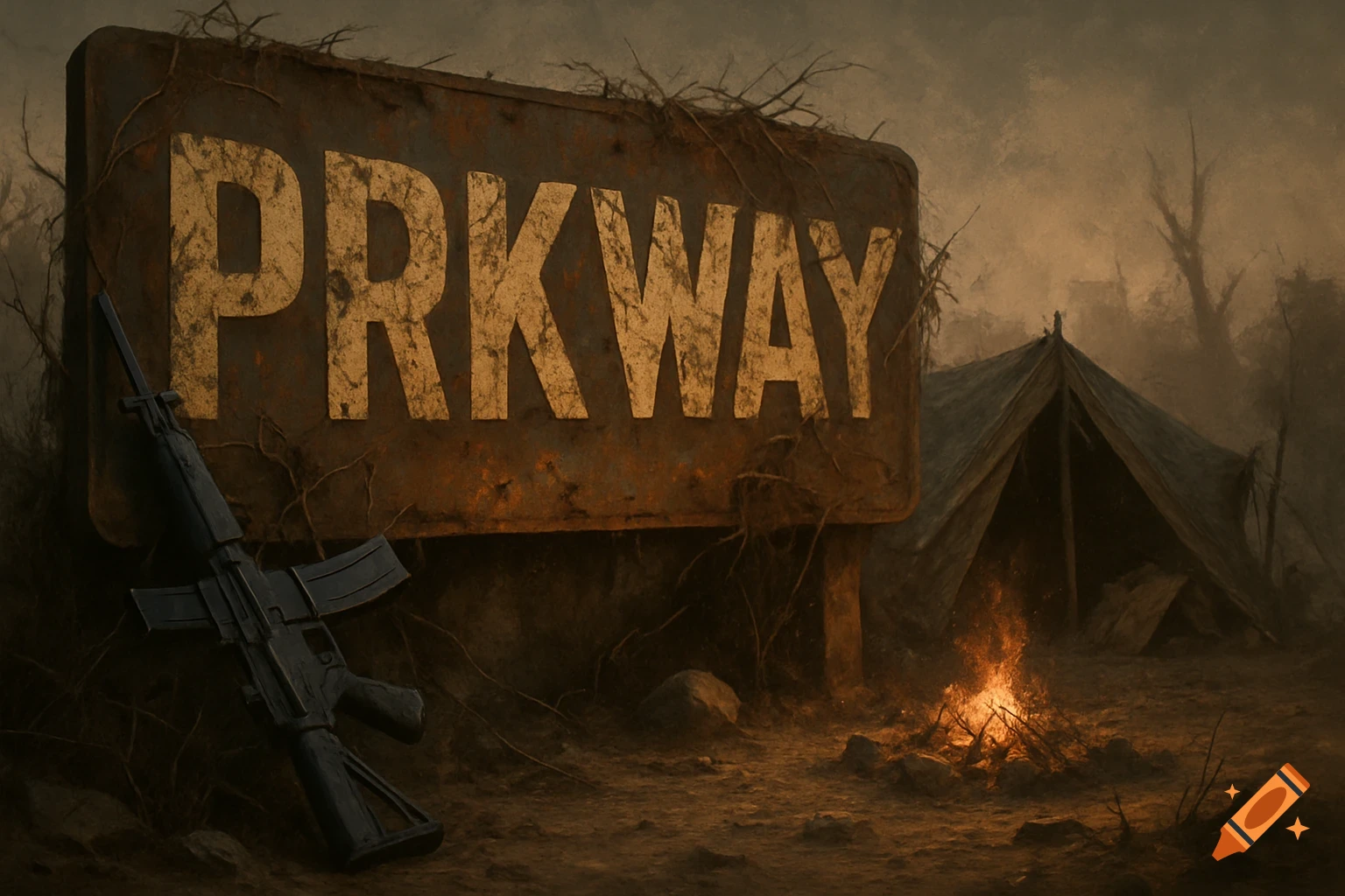 A rusty 'PRKWAY' sign, a rifle, and a tent with a campfire in a gloomy, post-apocalyptic landscape.