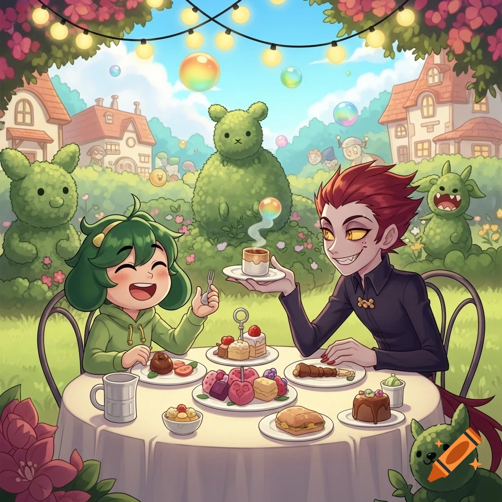 Green-haired and red-haired cartoon characters enjoy a whimsical picnic in a garden with animal-shaped bushes and string lights.