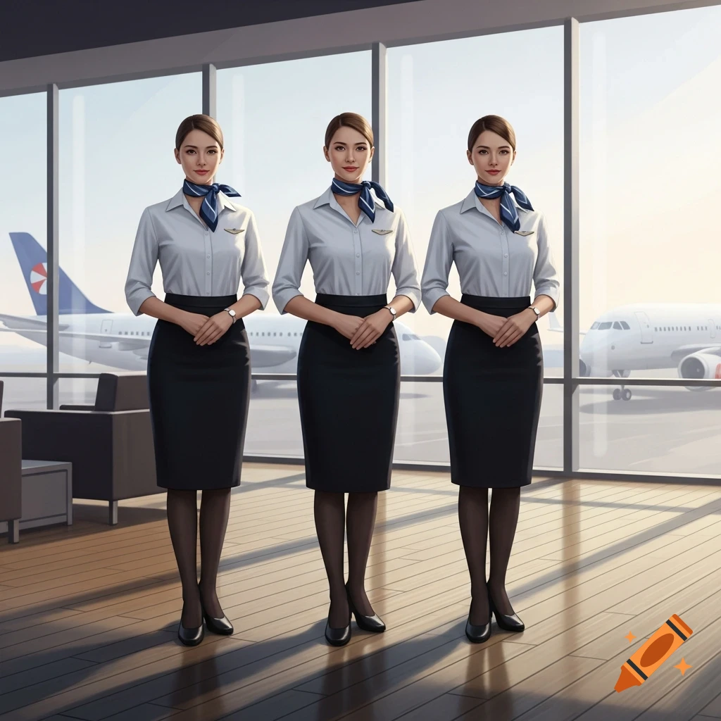 Three photorealistic flight attendants in gray shirts, black skirts, and blue scarves stand in an airport lounge with airplanes outside.