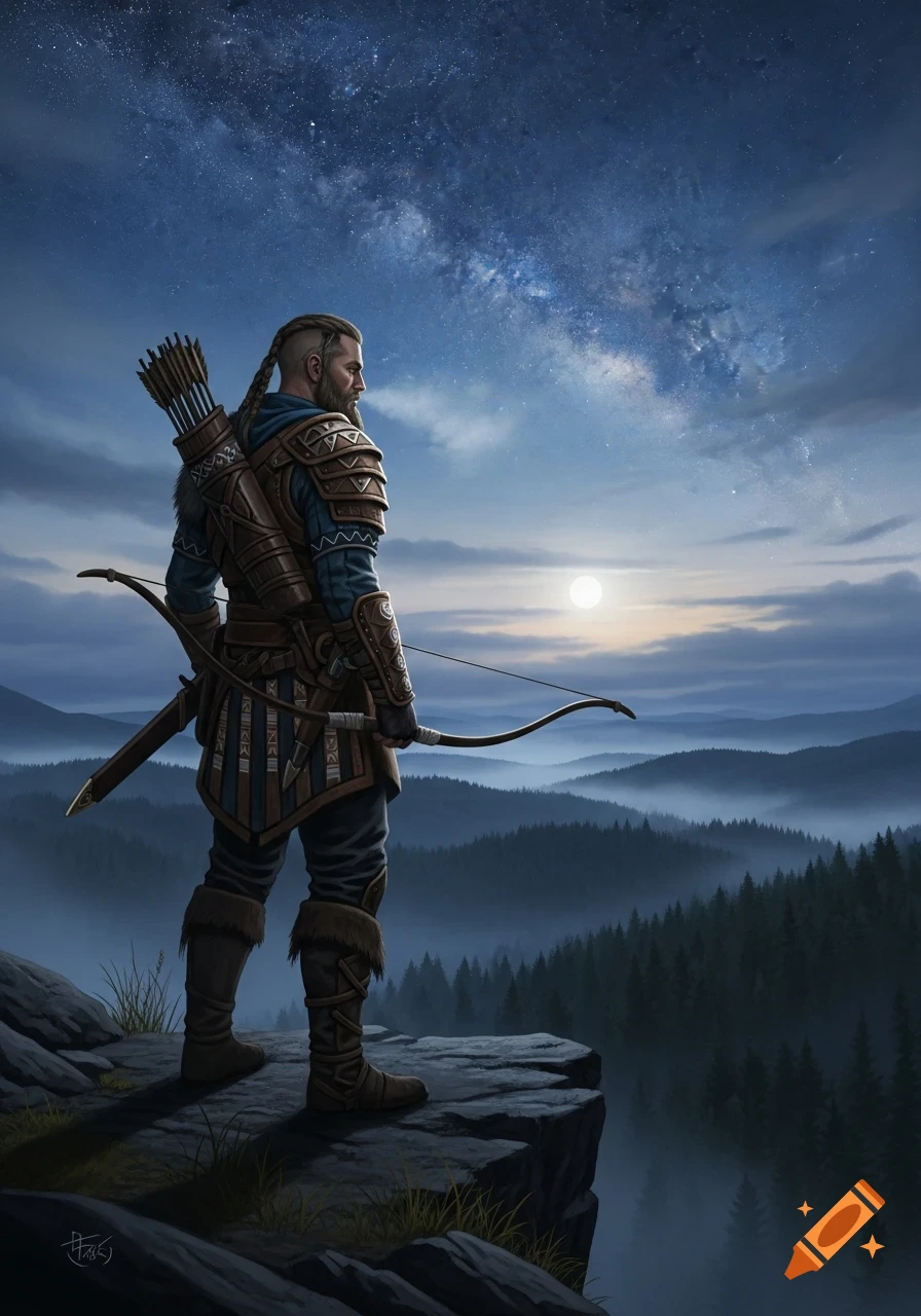Fantasy warrior with a bow and quiver stands on a cliff overlooking a misty valley at night, beneath a starry sky and full moon.
