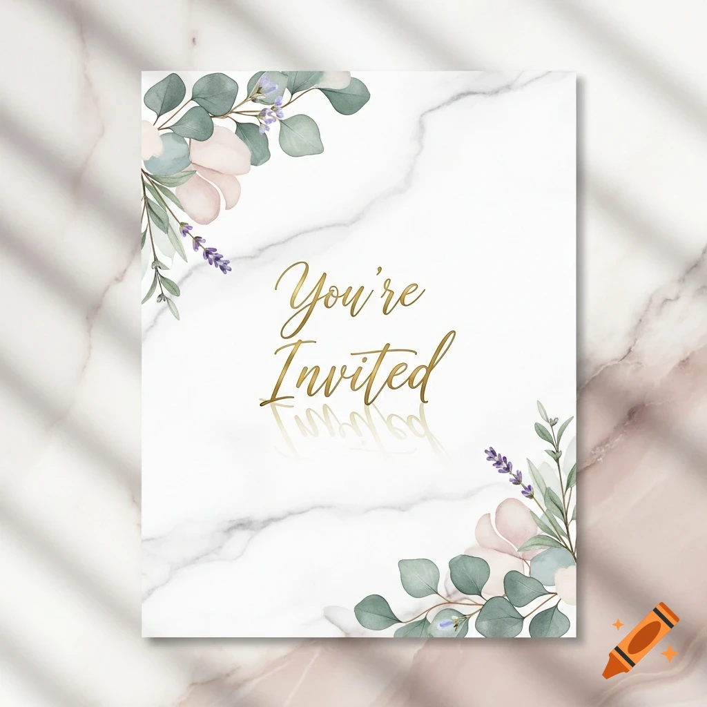 White marble invitation card with gold 'You're Invited' text, watercolor eucalyptus leaves, and lavender sprigs.