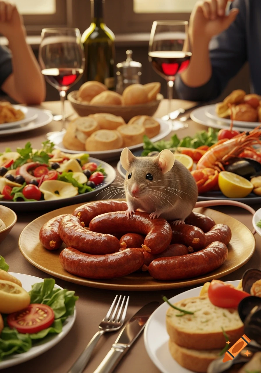 A photorealistic image of a small mouse on a plate of cooked sausages at a dinner table with wine, salads, and bread.