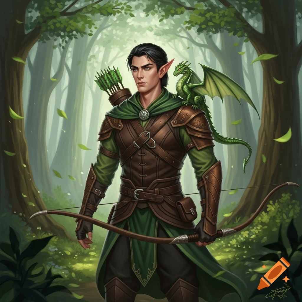 A male wood elf with dark hair and copper skin, in medieval hunter's gear with a longbow, a small green dragon on his shoulder, in a forest.