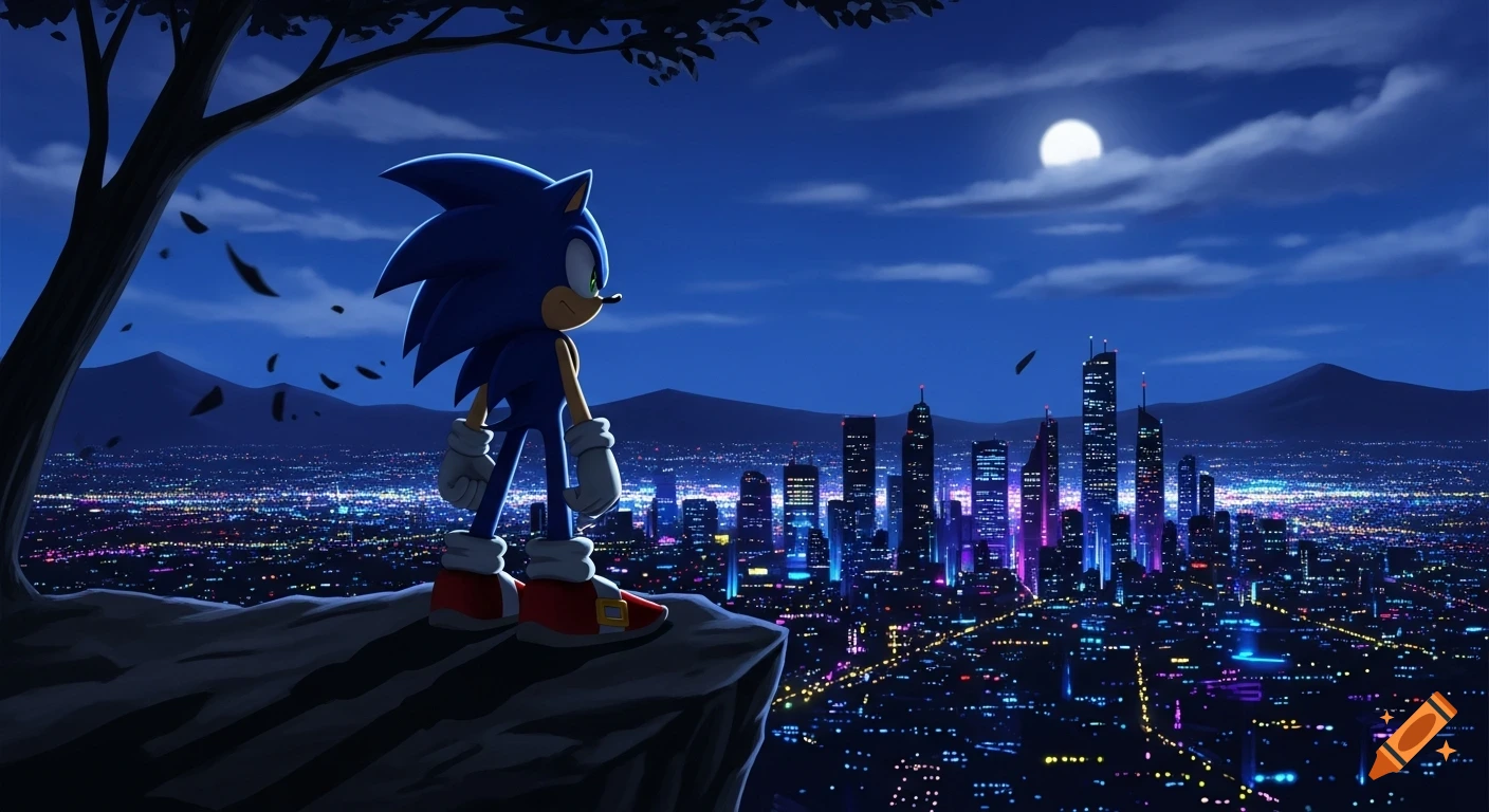 Sonic the Hedgehog stands on a cliff overlooking a vibrant, sprawling city at night under a full moon.