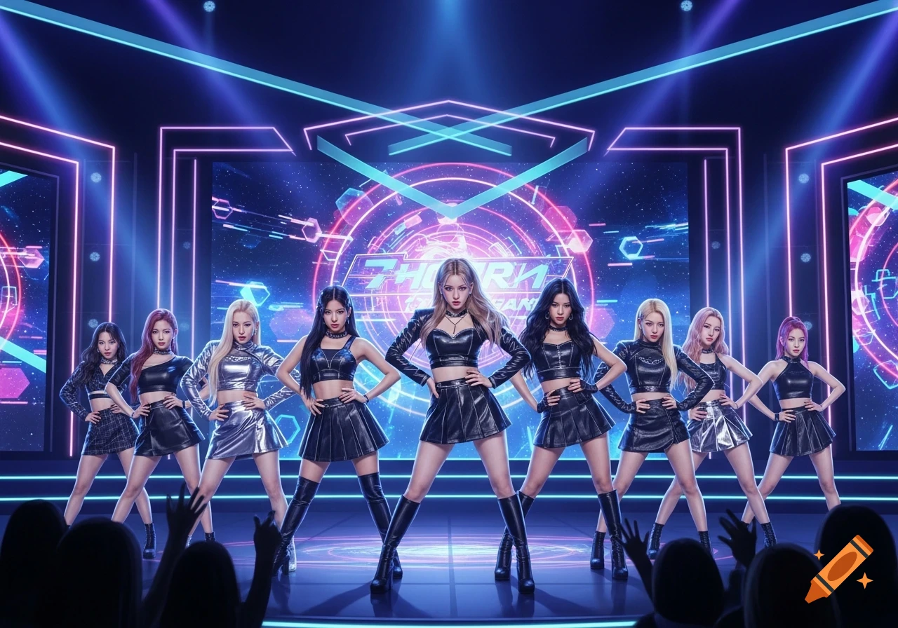 A K-pop girl group performs on a futuristic stage with neon lights and a large screen displaying '7THORN FANTASY'.
