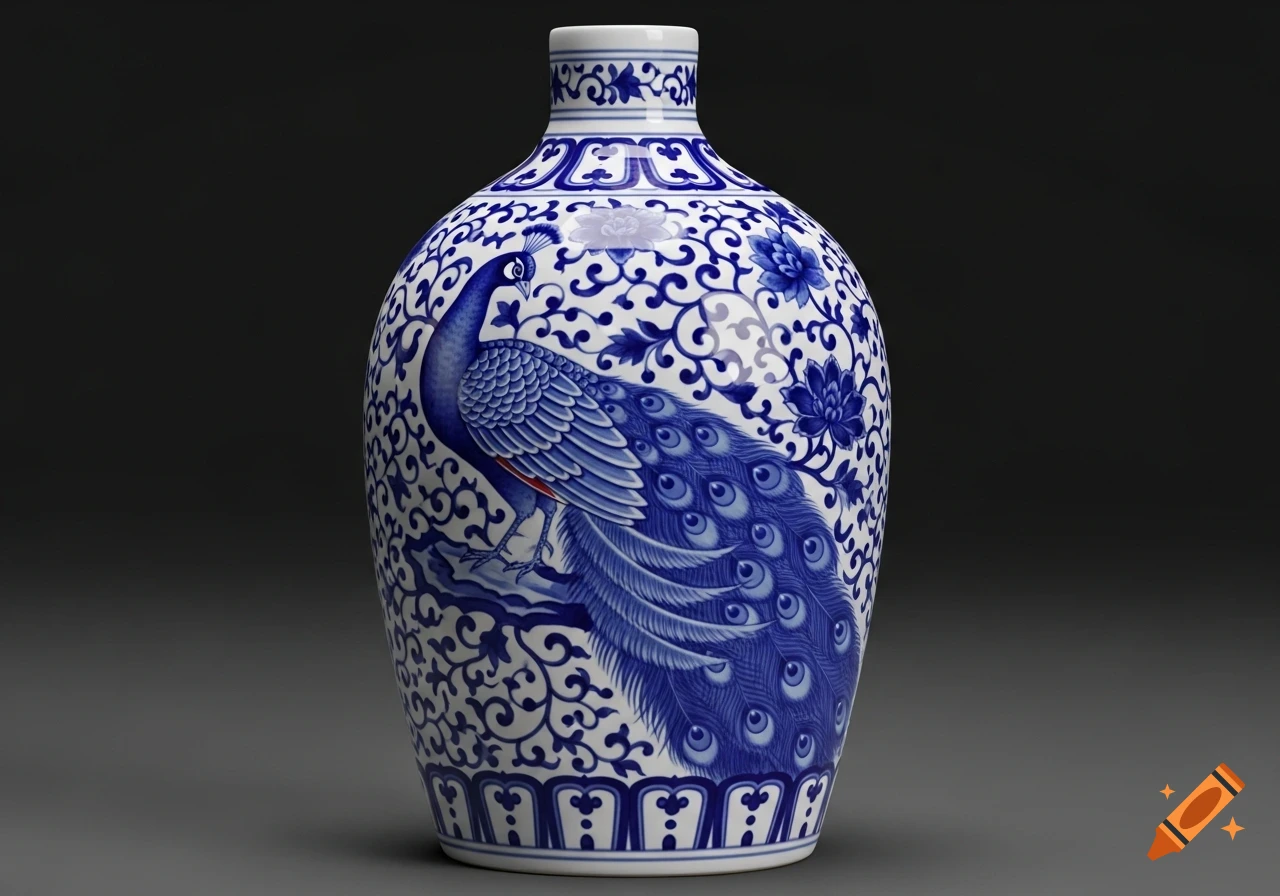 A detailed blue and white porcelain vase featuring a peacock amidst intricate floral and vine patterns.