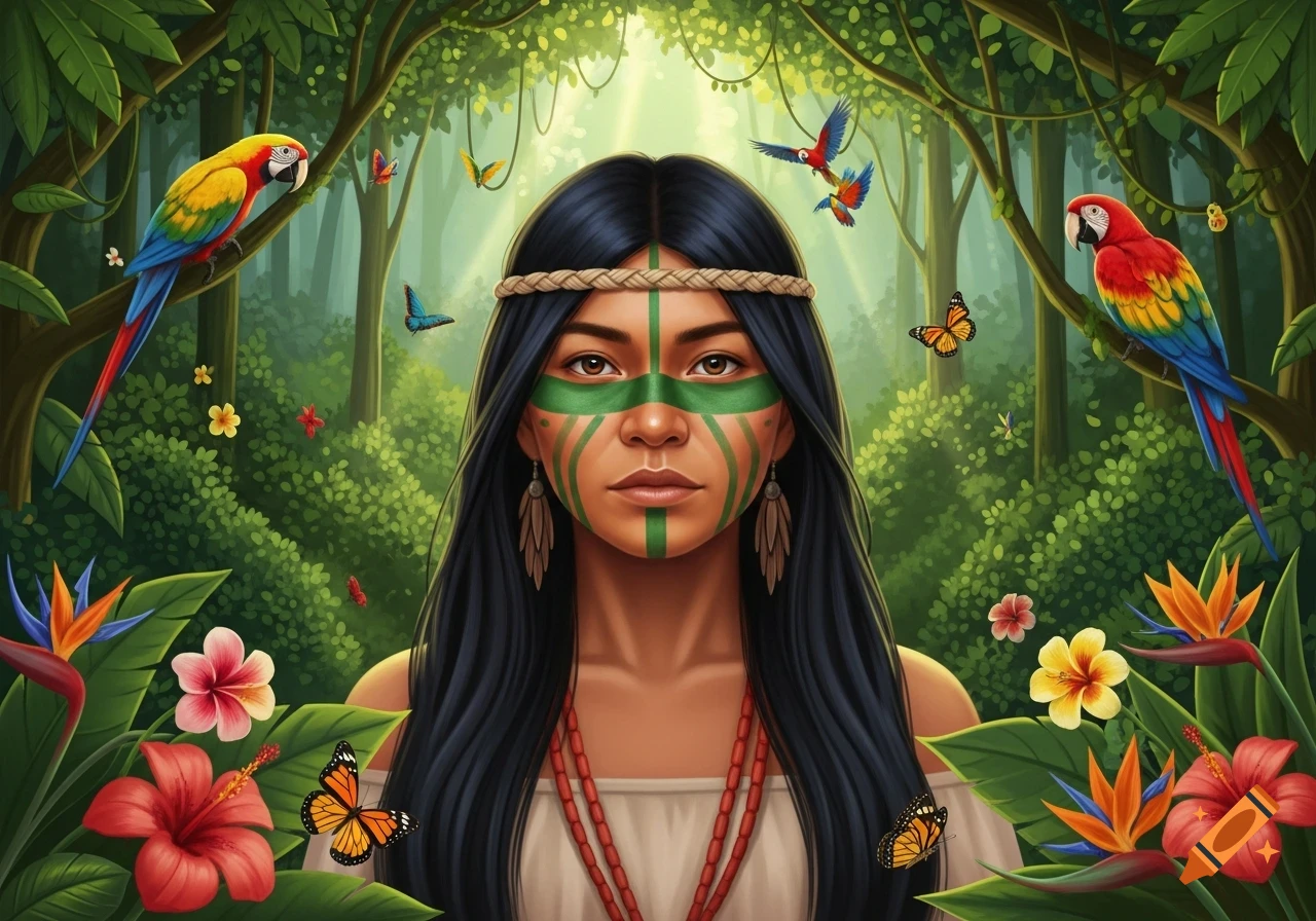 Digital painting of an indigenous Amazon woman with green face paint and a headband, surrounded by colorful parrots, butterflies, and tropical flowers in a vibrant rainforest.