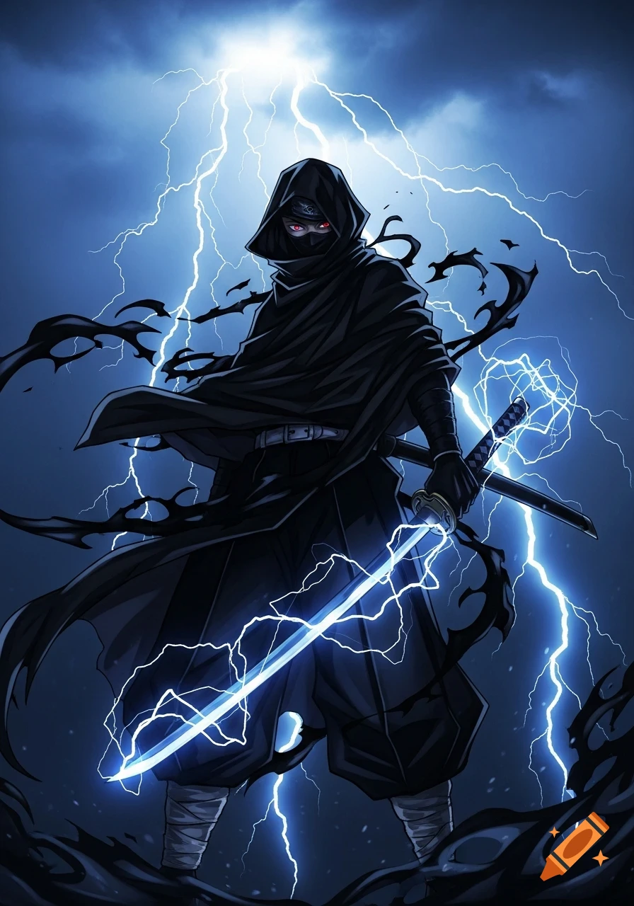 A dark ninja in a black outfit with a glowing blue katana stands amidst crackling blue lightning and black shadow aura, in an anime style.