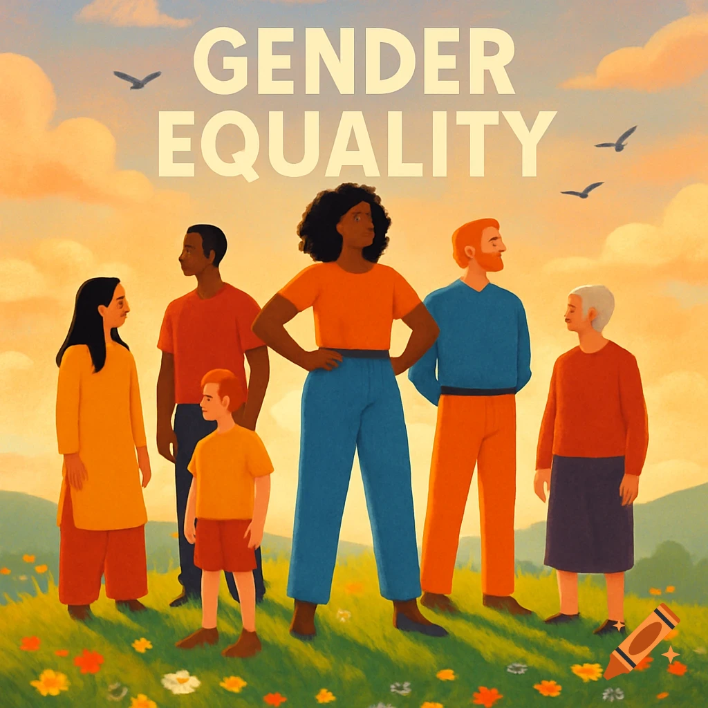 Stylized illustration of a diverse group of people standing in a field under a sunset sky, with the text 'GENDER EQUALITY' above them.