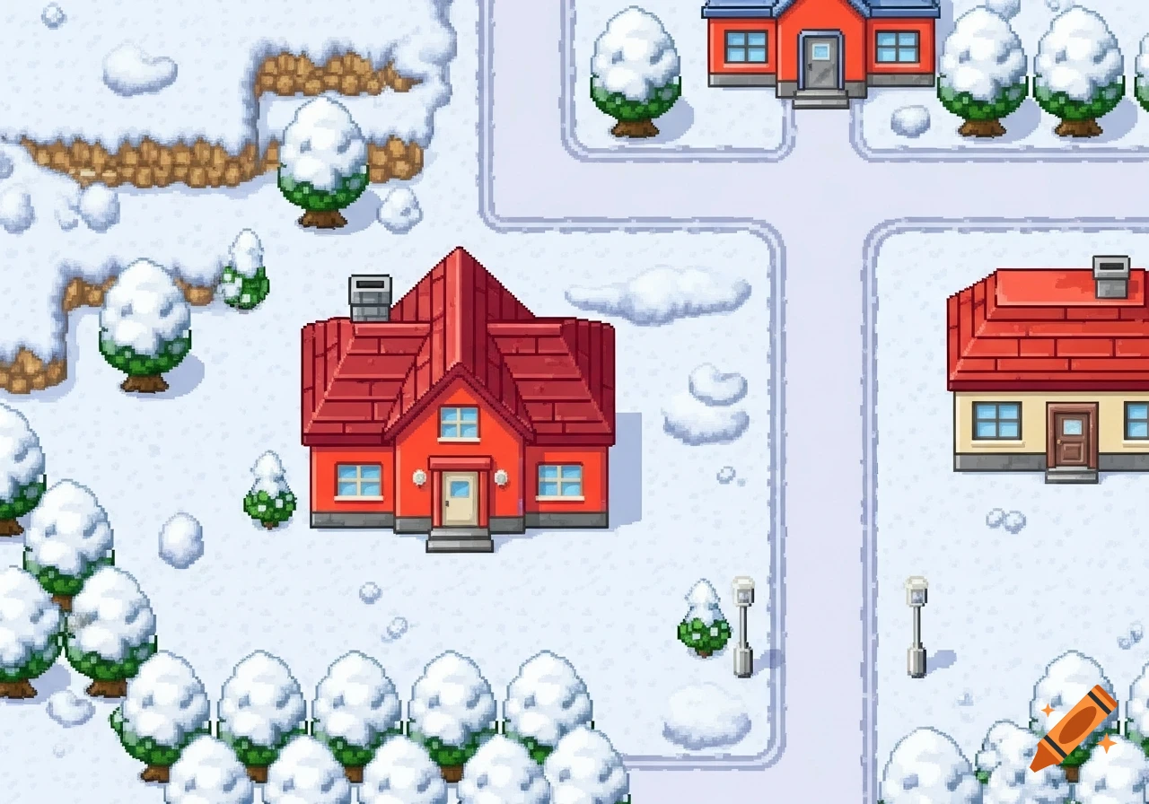 A top-down pixel art view of a snowy town with red-roofed houses, snow-covered trees, and a road, in the style of Pok Hmon Crystal.