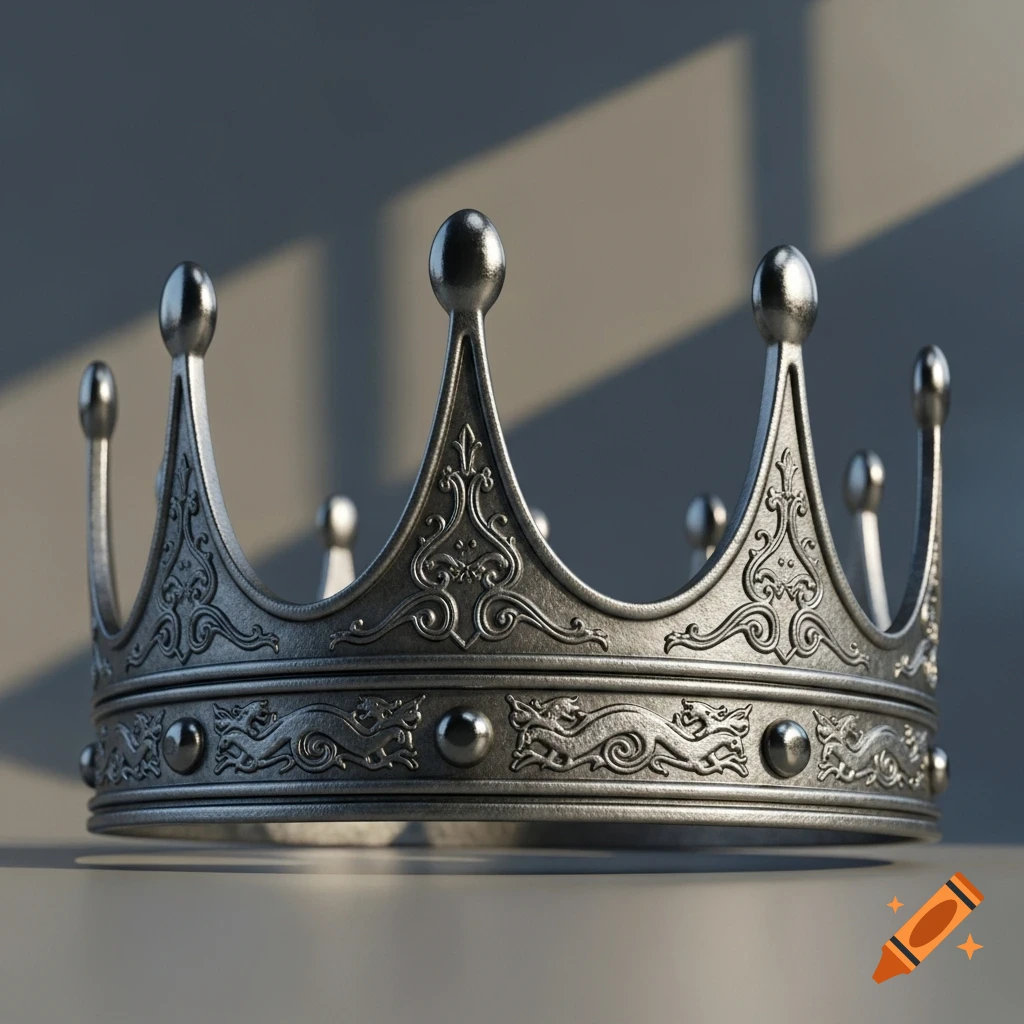 A detailed, photorealistic silver crown with intricate decorative carvings on a gray surface, lit by sunlight.