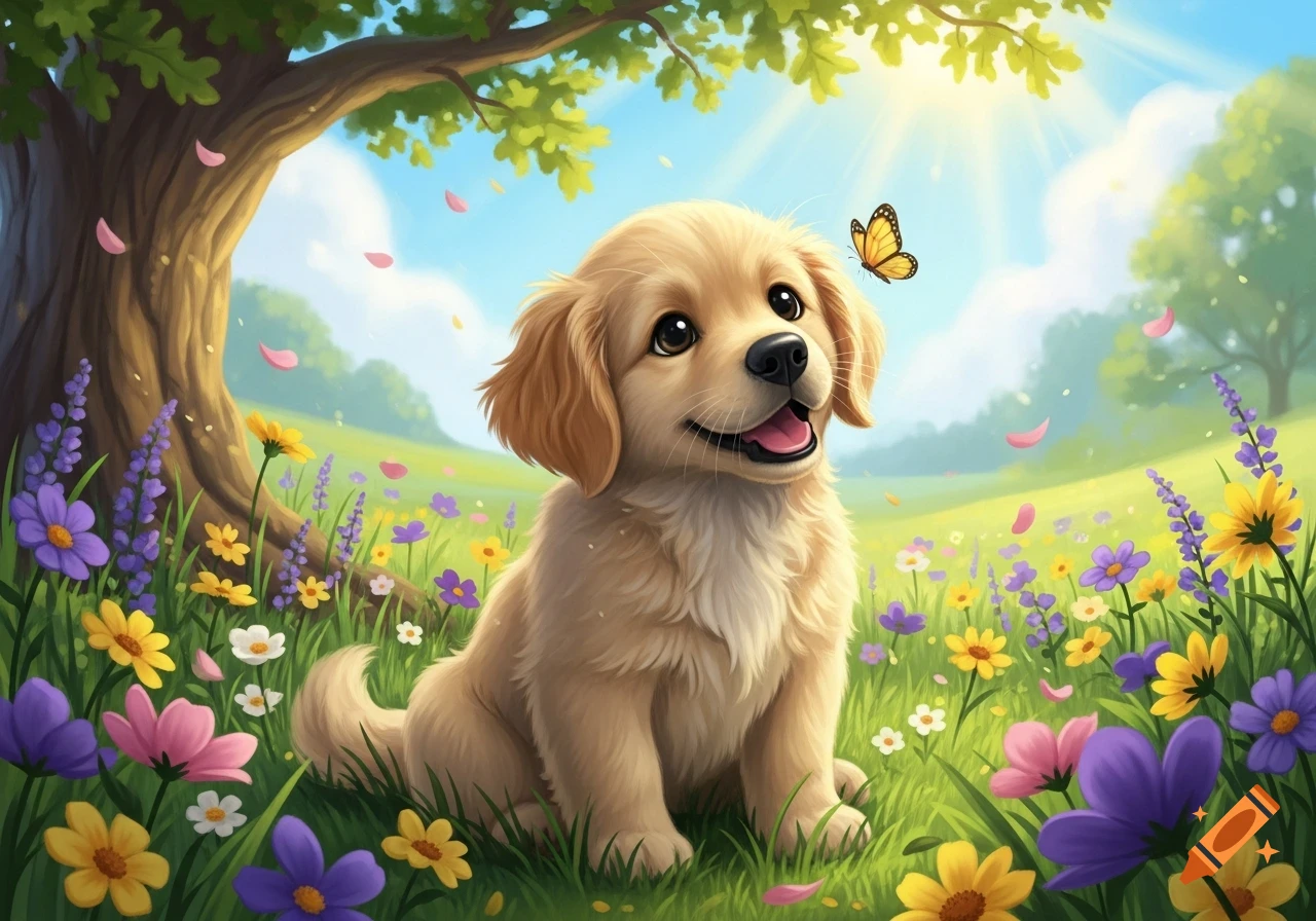 A cute golden retriever puppy sits happily in a vibrant field of colorful wildflowers with a butterfly, in a bright cartoon illustration.