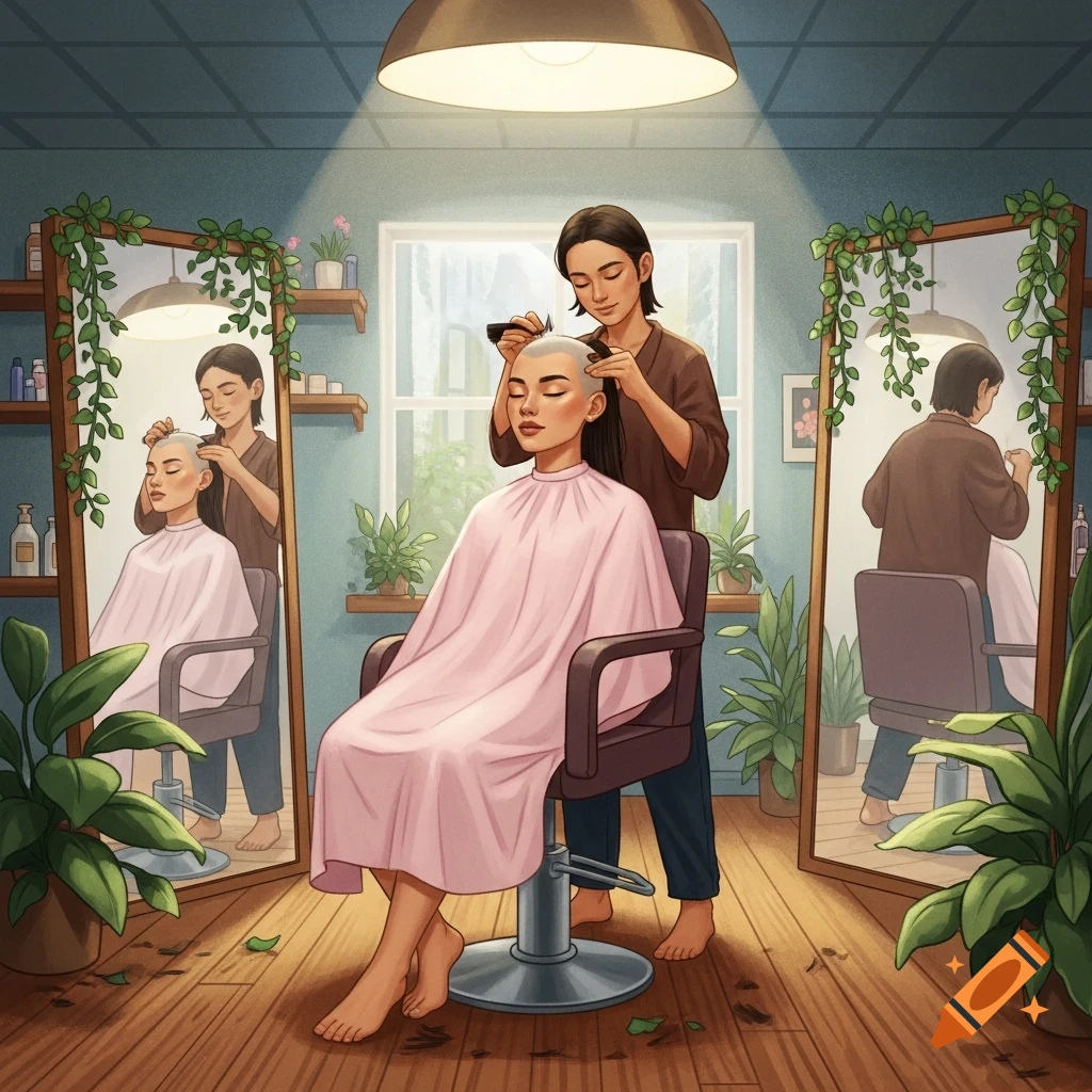 An illustrated scene of a woman getting her head shaved by another woman in a serene hair salon with mirrors and plants.