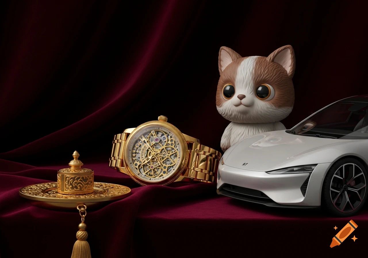 A luxurious still life featuring a gold mechanical wristwatch, an ornate golden box, a cute cat figurine with large eyes, and a sleek white electric car model, all resting on deep red velvet with dramatic lighting.