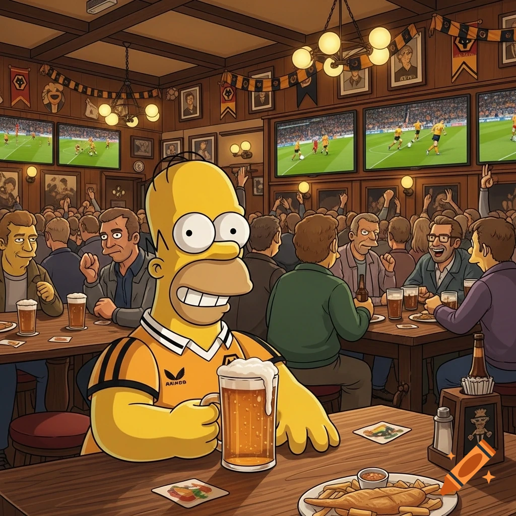 Homer Simpson in a yellow and black football kit, holding a beer mug at a pub table, watching football on multiple TV screens with other patrons.