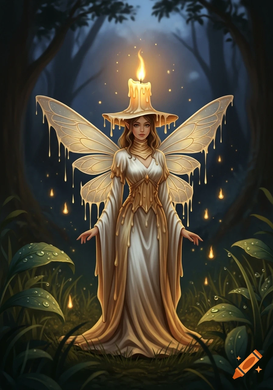 A fantasy candle fairy with waxy, dripping wings and dress, wearing a melting candle hat with a flame, stands in a dark forest at night.