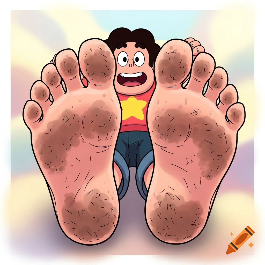 Close-up cartoon of Steven Universe's surprised face behind his giant, very dirty bare feet soles.