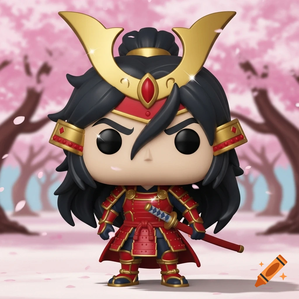 A Funko Pop figure of Ryoma, a samurai in red and gold armor holding a katana, against a blurry pink cherry blossom background.