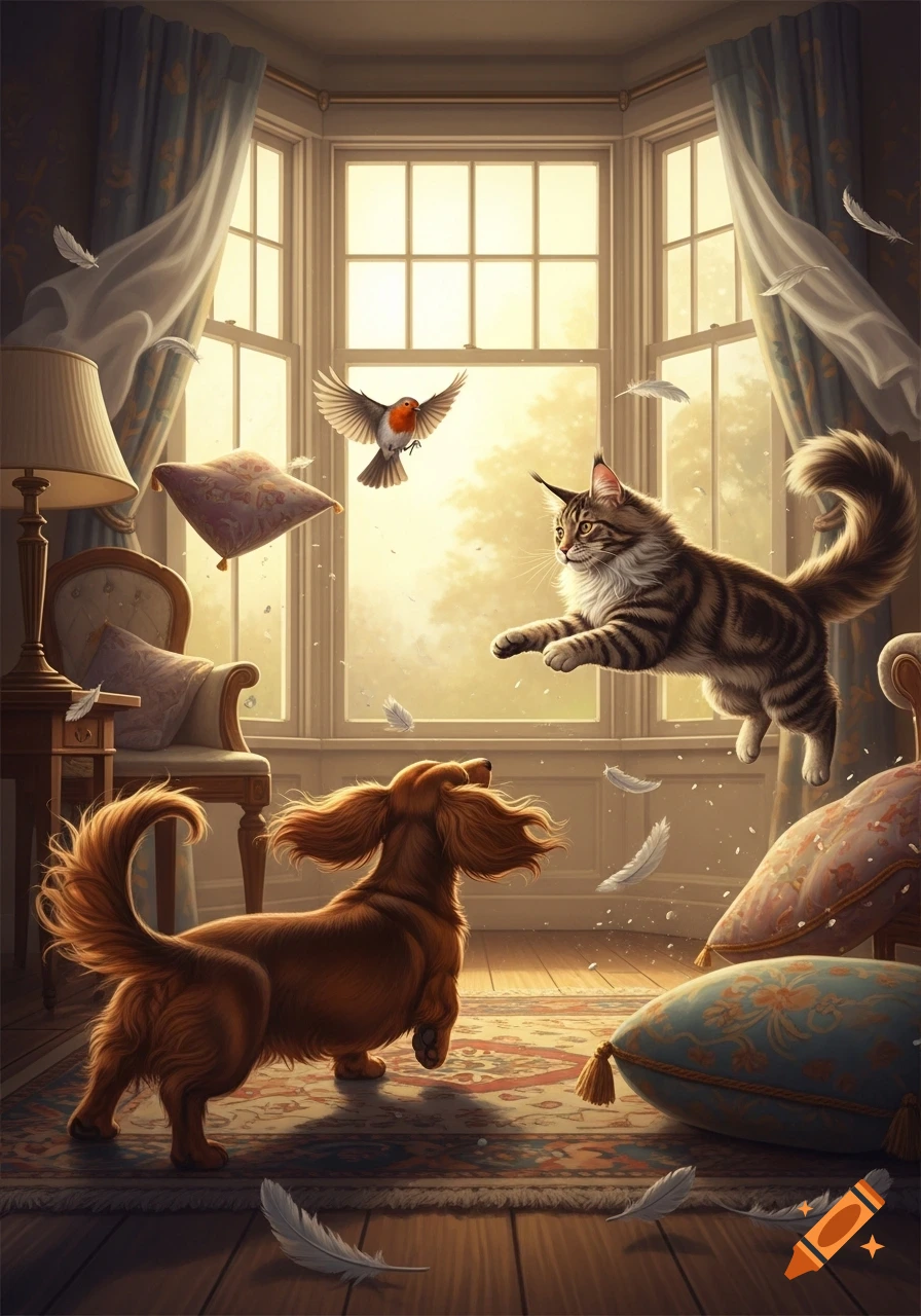 A long-haired dachshund and a Maine Coon cat playfully chase a robin around a sunlit room, with pillows and feathers flying.