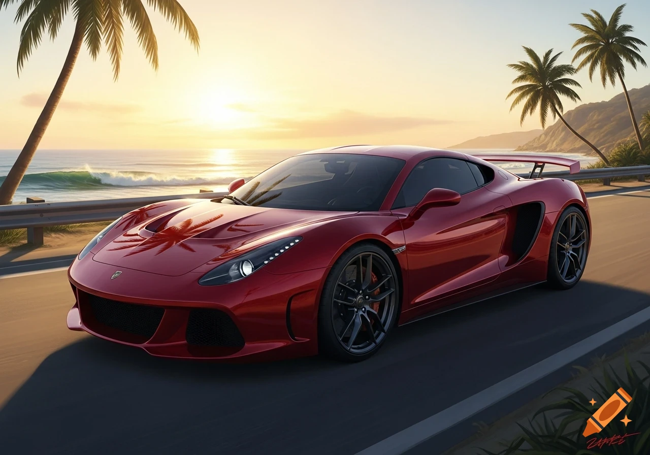 A sleek red sports car drives on a coastal road during sunset, with palm trees, the ocean, and waves in the background.