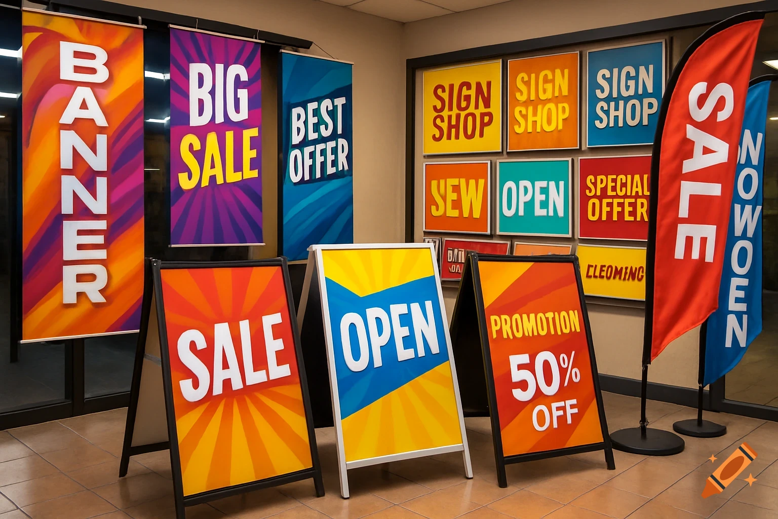 Colorful displays of banners, a-frame signs, feather flags, and wall posters in a sign shop, photorealistic style.