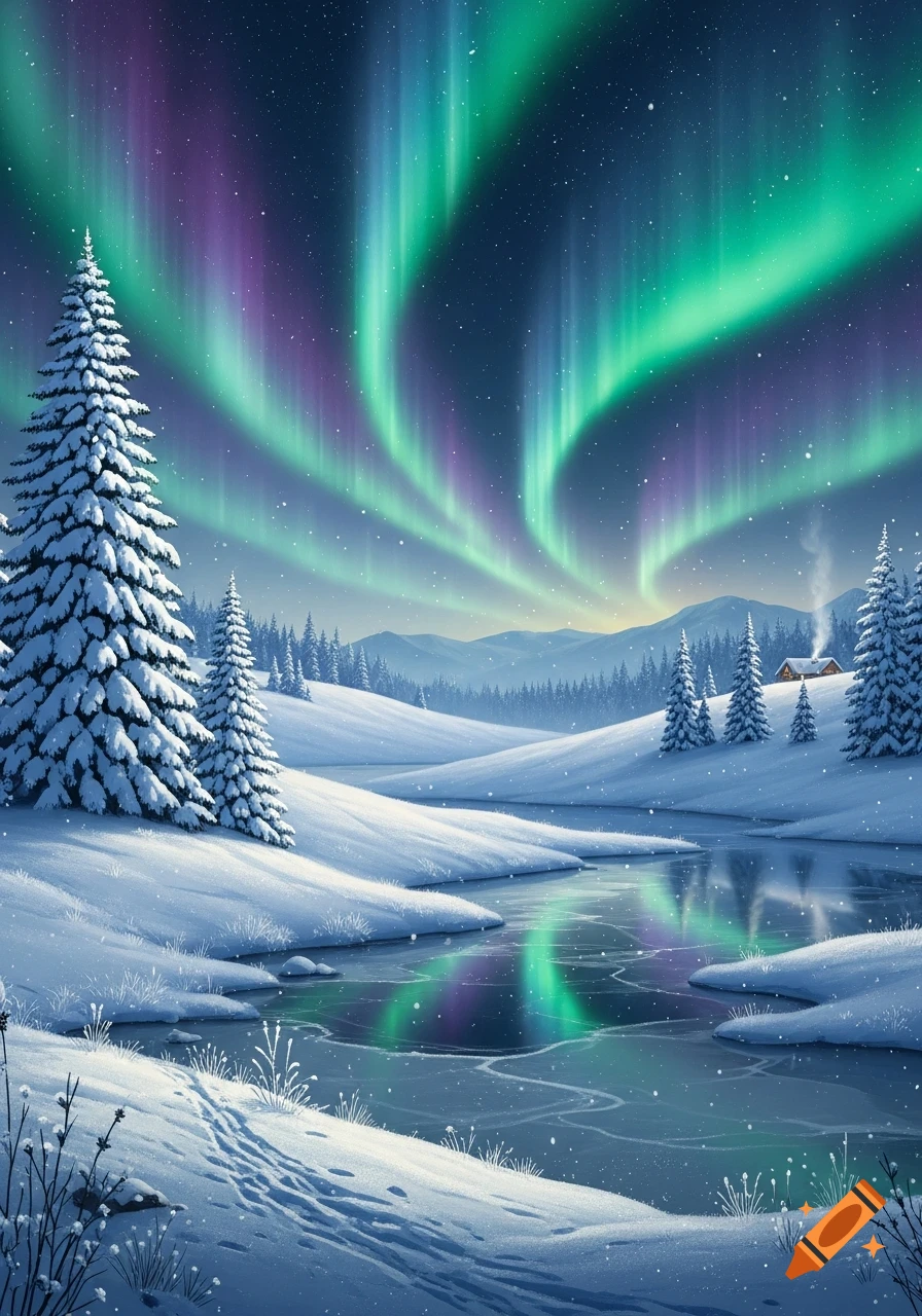 A vibrant winter landscape with snow-covered evergreen trees, a frozen lake, and stunning green and purple aurora borealis in the night sky.