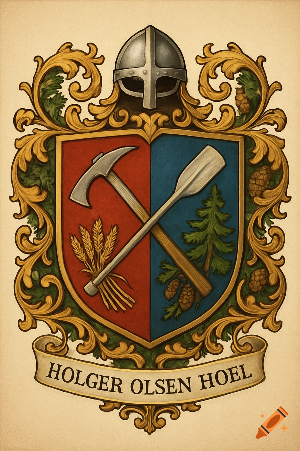 Heraldic coat of arms with a viking helmet, pickaxe, wheat, oar, pine tree, and a banner reading 'HOLGER OLSEN HOEL'.