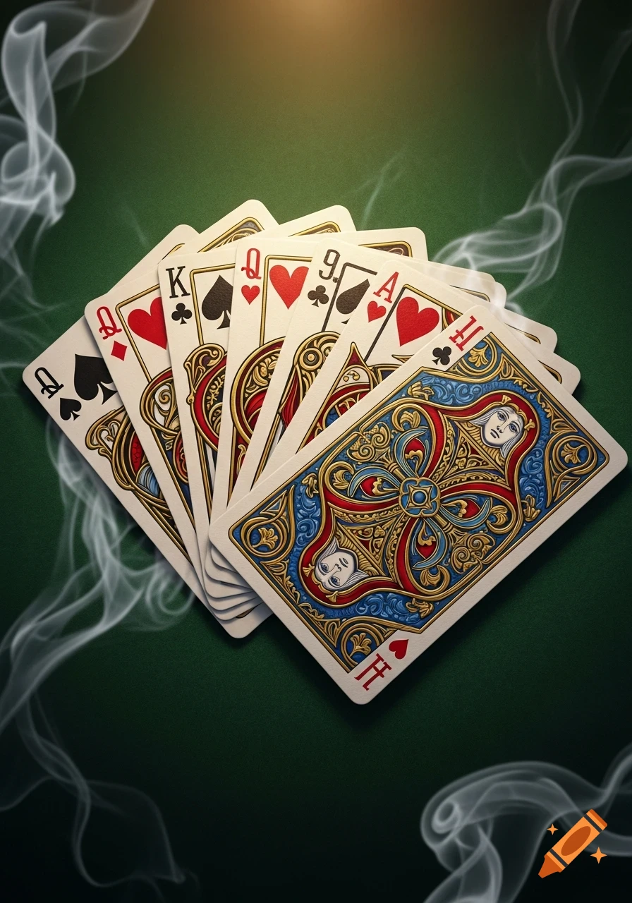 A fan of playing cards with intricate backs and various ranks like Q, K, 9, A laid out on a green felt table with smoke.
