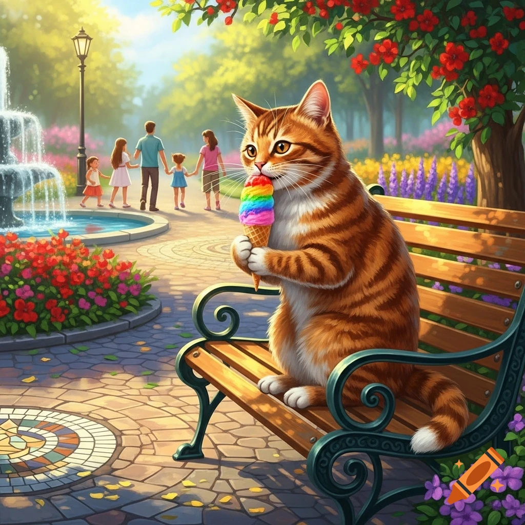 A cartoonish orange tabby cat sits on a park bench, licking a rainbow ice cream cone. A family walks by a fountain in the vibrant background.