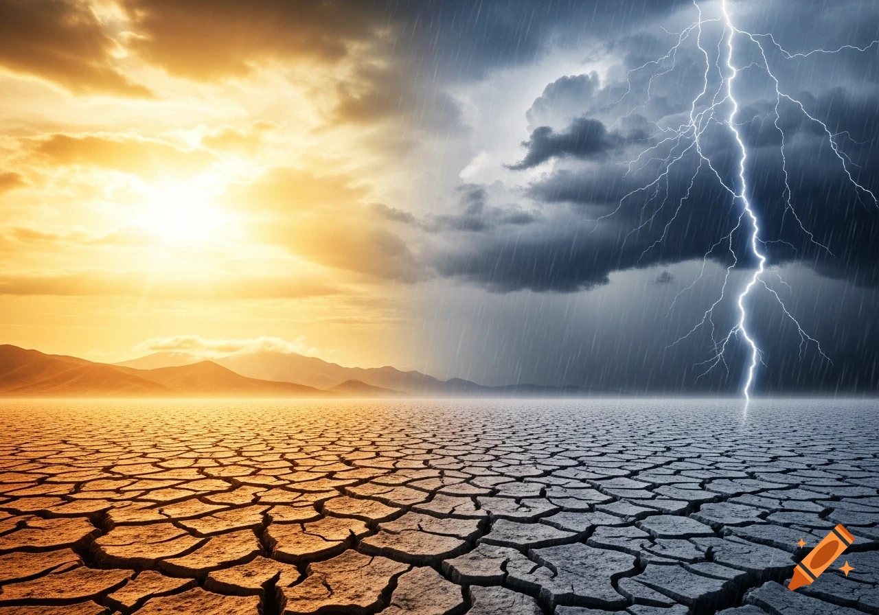 Photorealistic split landscape showing a sunny, cracked desert and a stormy, rainy desert with lightning.