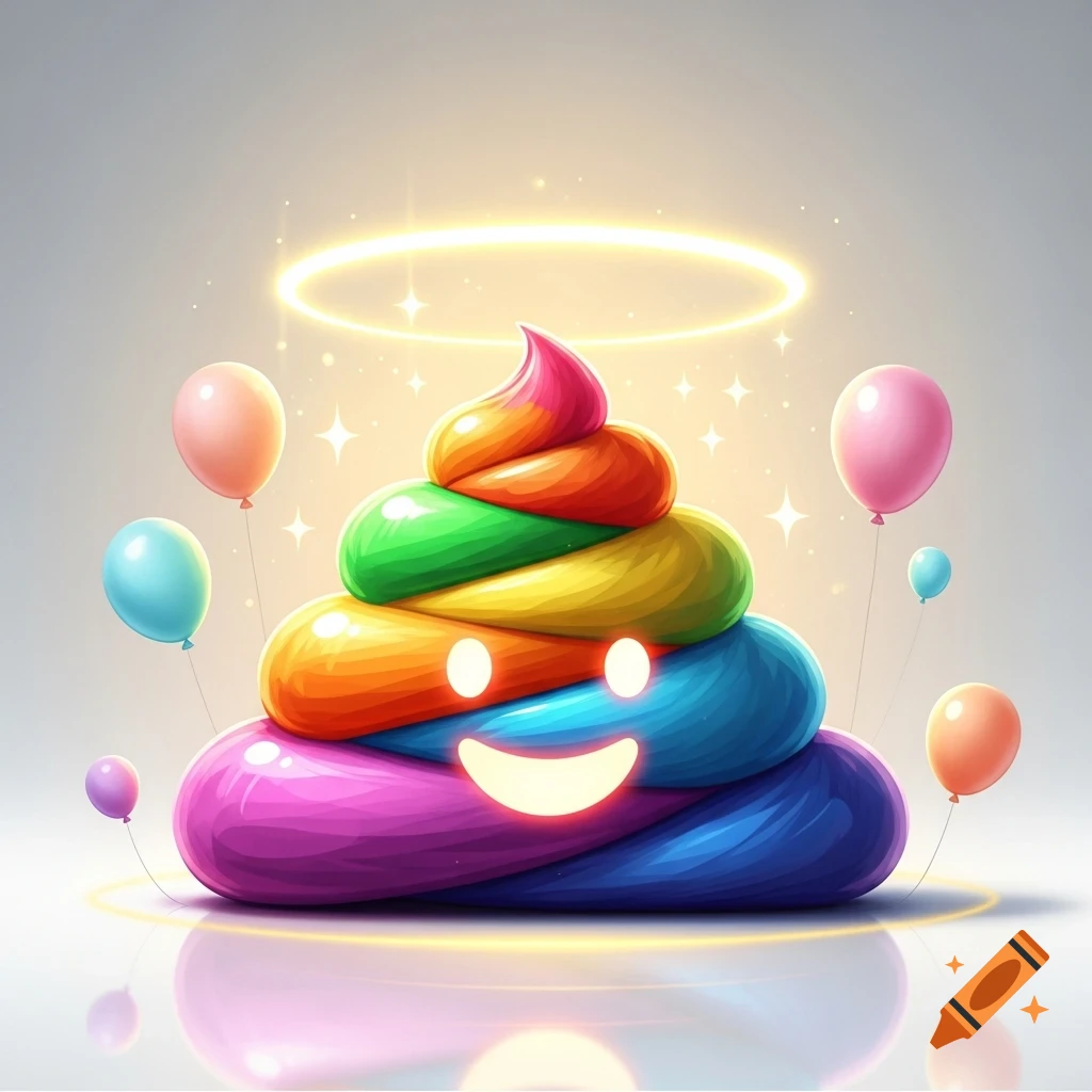 A shiny, rainbow-colored poop emoji with a glowing smile and eyes, a golden halo, and pastel balloons surrounding it.