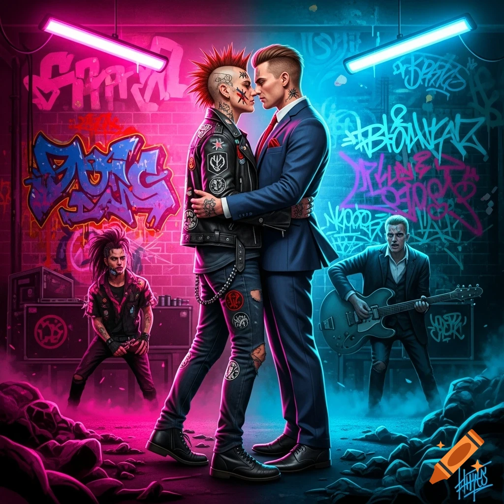 Two men, one punk and one in a suit, embrace under neon lights in a graffiti-covered alley, with other musicians nearby.